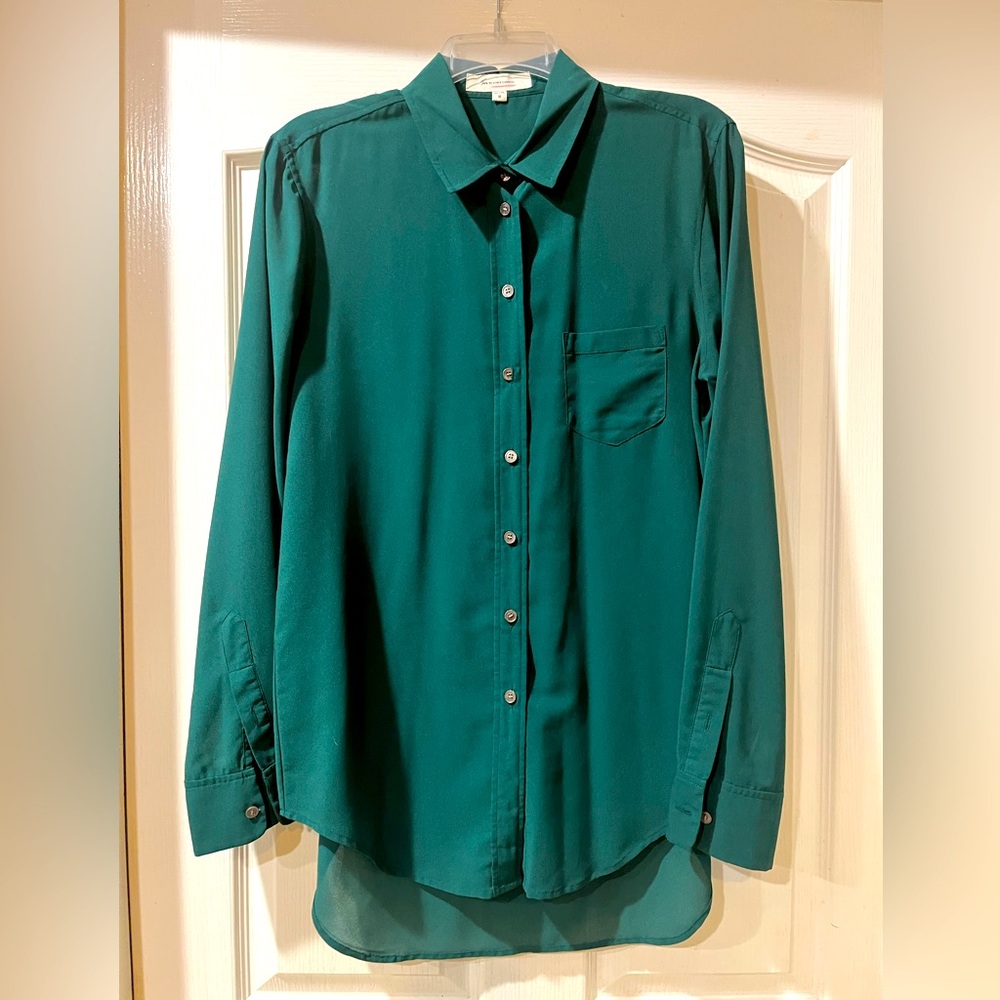 Women’s green light weight polyester long sleeve dressy button up blouse.